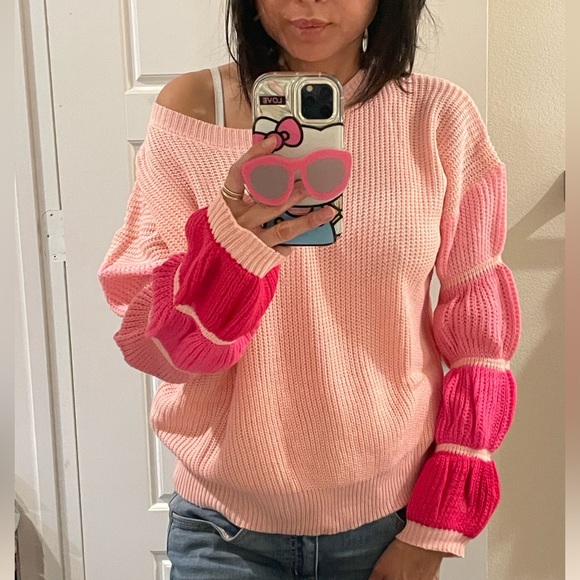 027 Cozy Pink Color Block Oversized Sweater Top - Picture 4 of 7